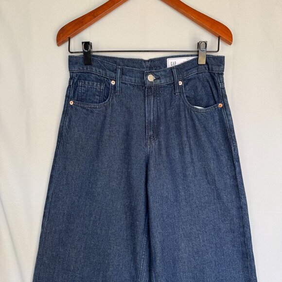 Gap Mid Rise UltraSoft Baggy Rinsed Dark Blue Denim Wide Leg Jeans Size 27 Long - Picture 5 of 11